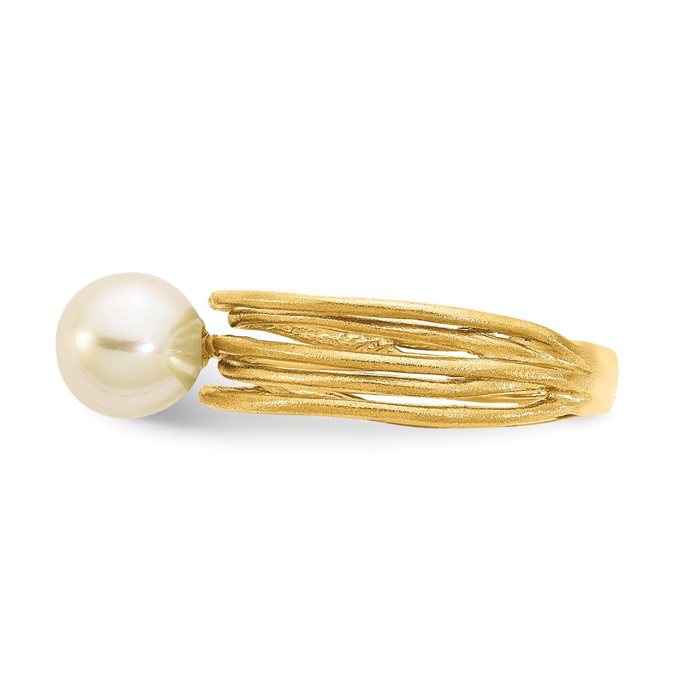14K 7-8mm Round White Freshwater Cultured Pearl Brushed Ring