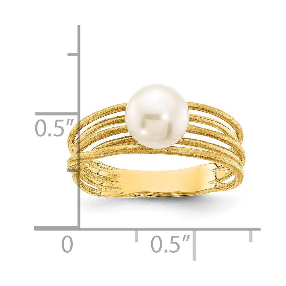 14K 7-8mm Round White Freshwater Cultured Pearl Brushed Ring