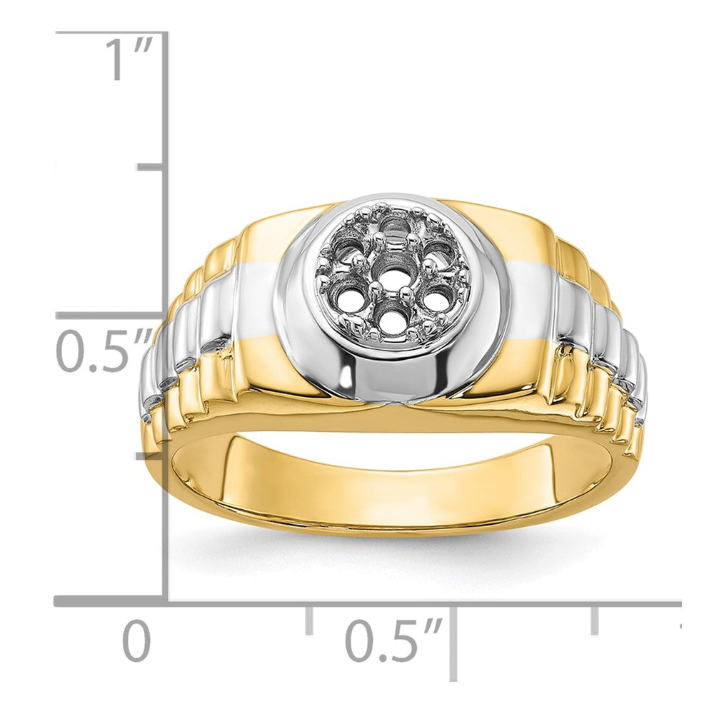 14k Two-Tone Ridged-Sides Circular Top Mens Ring Mounting