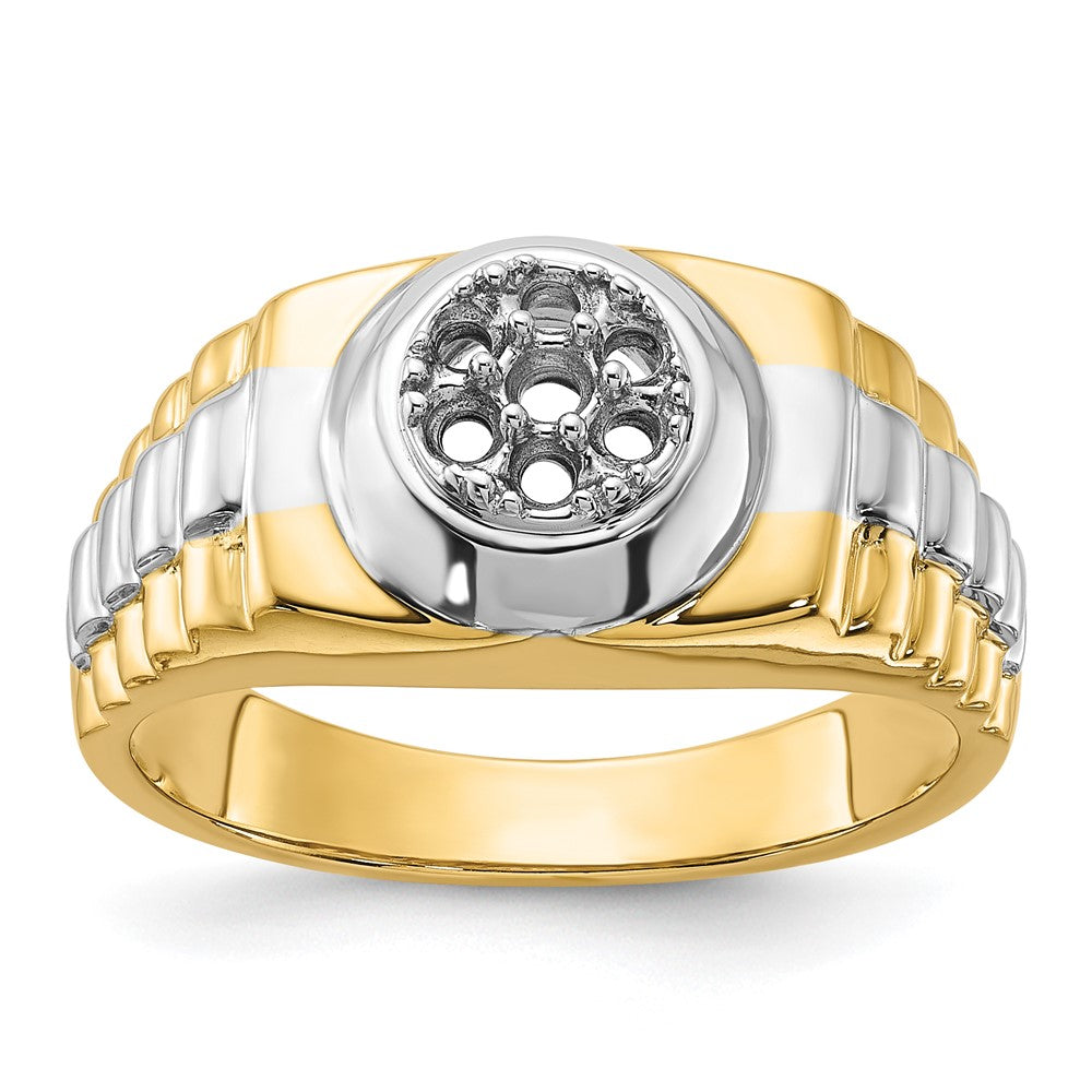 14k Two-Tone Ridged-Sides Circular Top Mens Ring Mounting