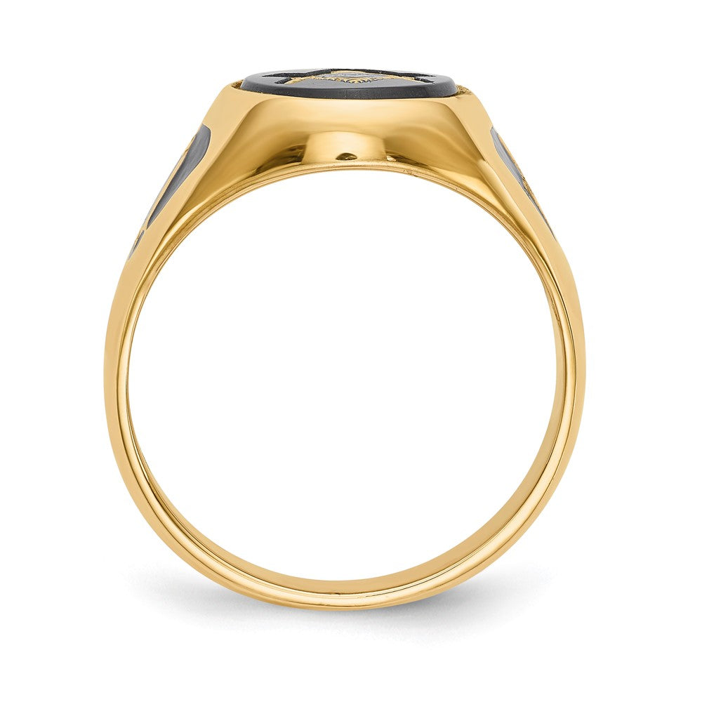 14k Men's Polished & Textured w/ Black Enamel & Onyx Masonic Ring