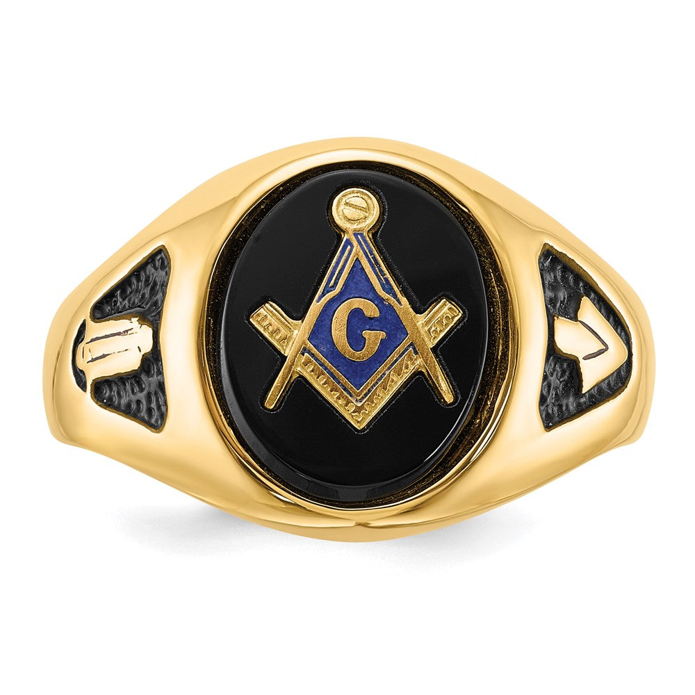 14k Men's Polished & Textured w/ Black Enamel & Onyx Masonic Ring