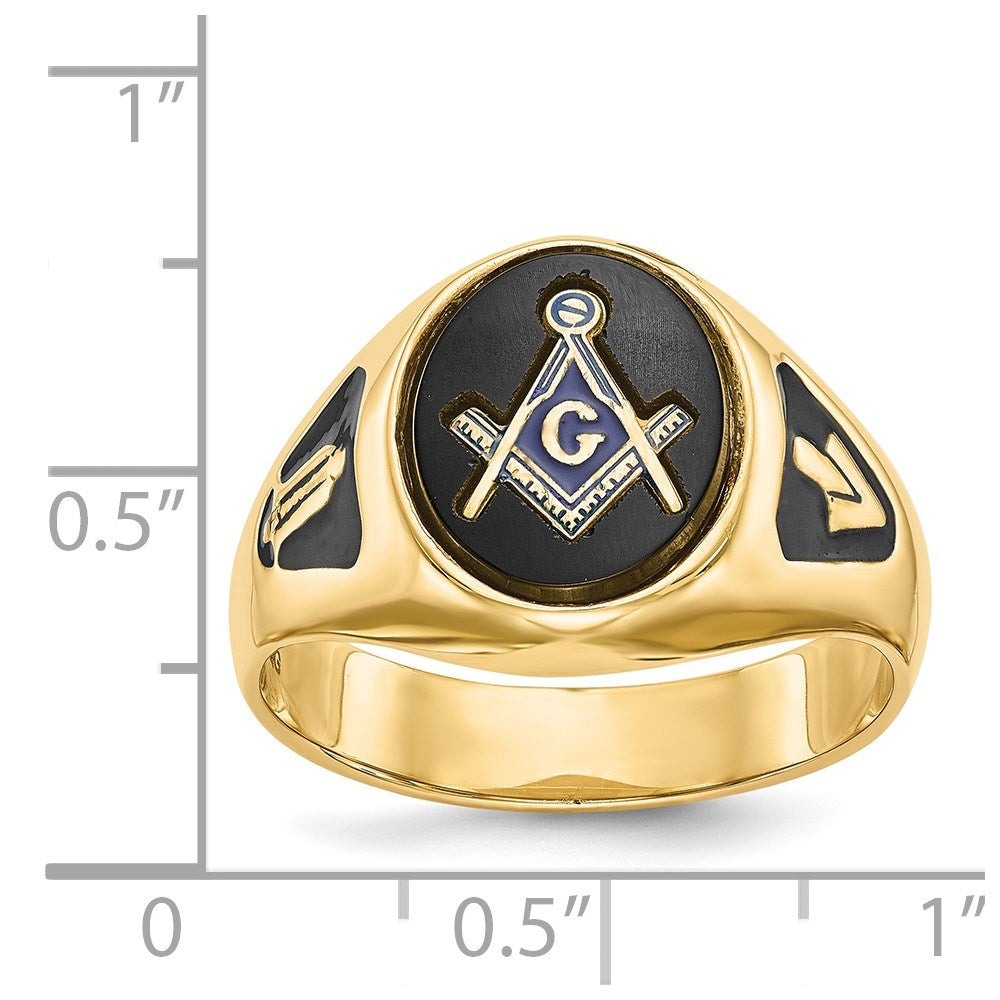 14k Men's Polished & Textured w/ Black Enamel & Onyx Masonic Ring