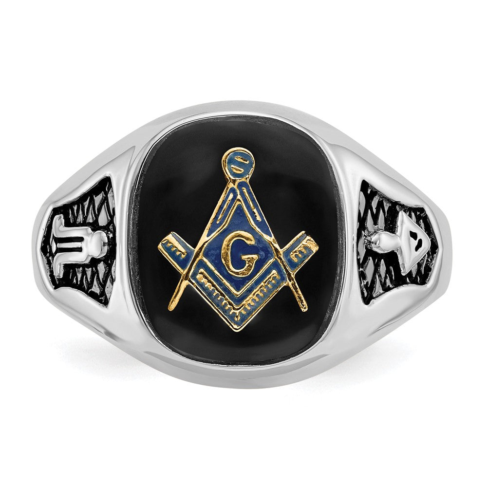 14kw Men's Polished & Textured w/ Black Enamel & Onyx Masonic Ring