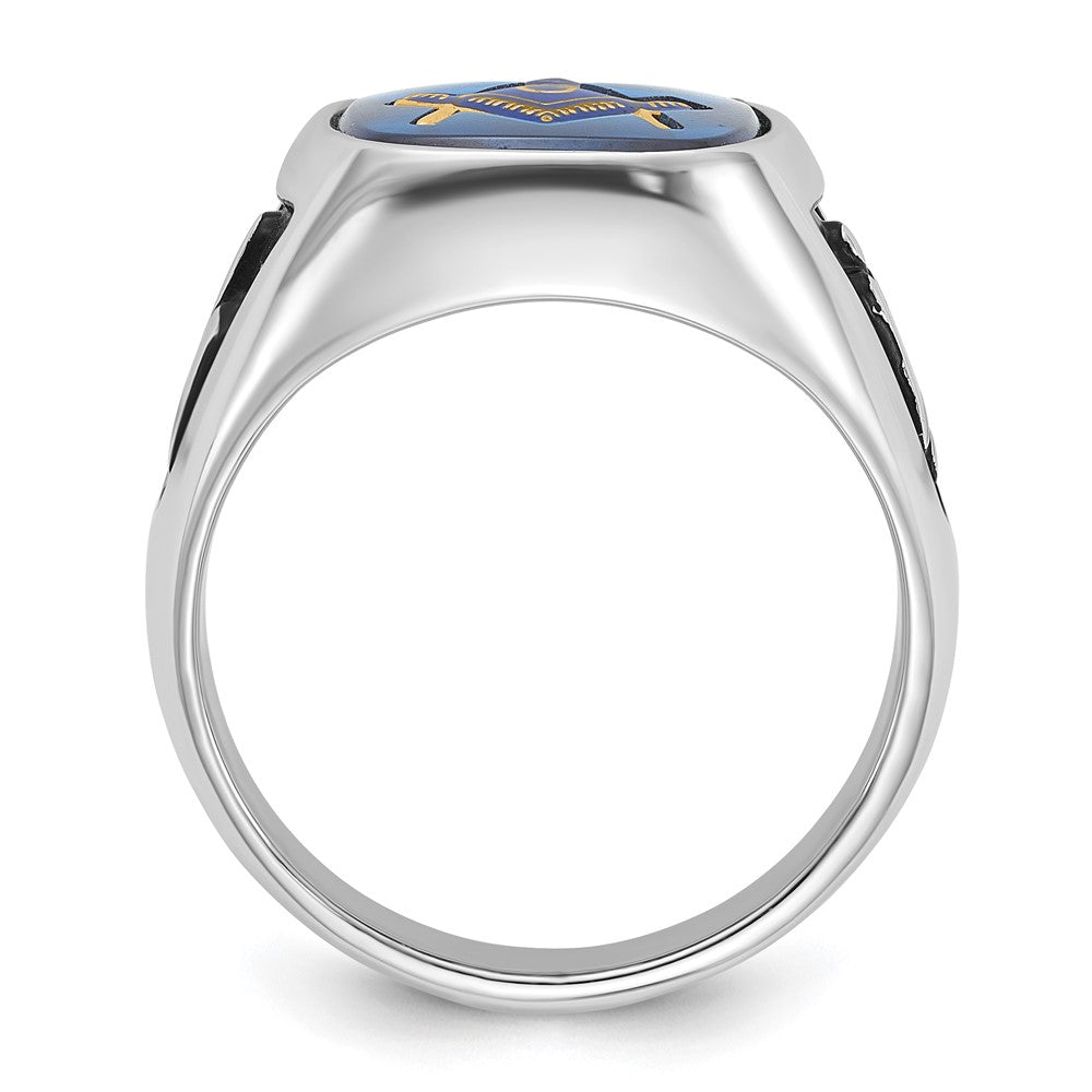 14kw Men's Textured w/ Black Enamel & Imit. Blue Spinel Masonic Ring