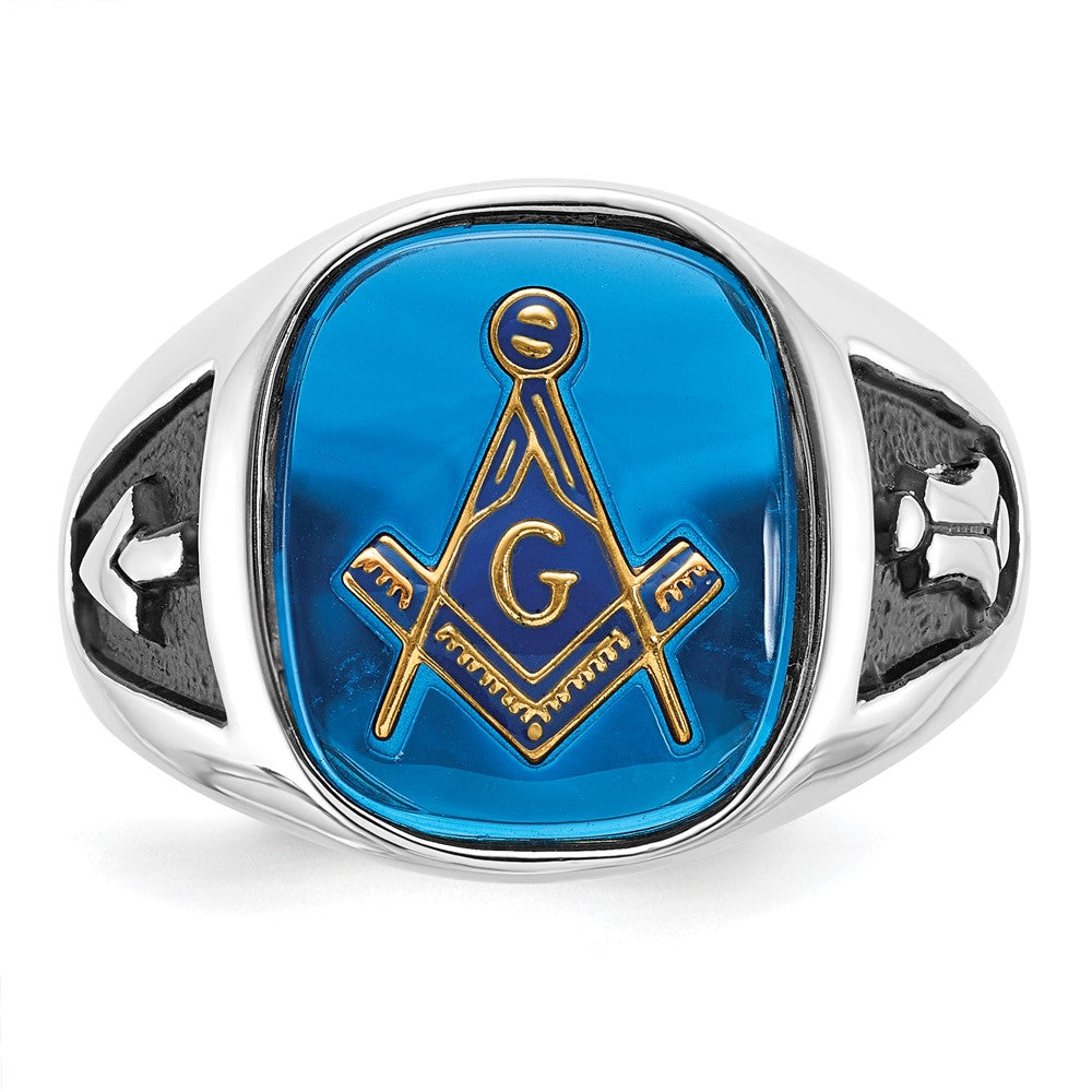 14kw Men's Textured w/ Black Enamel & Imit. Blue Spinel Masonic Ring