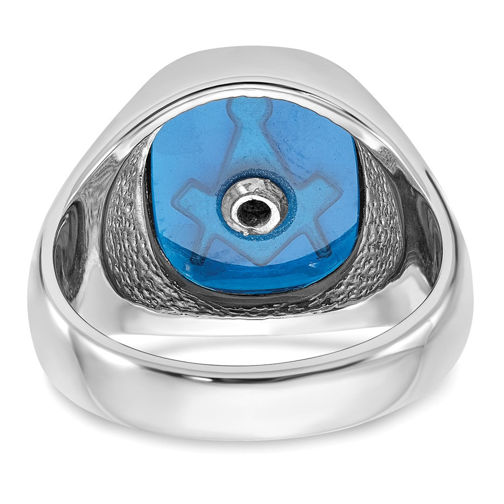 14kw Men's Textured w/ Black Enamel & Imit. Blue Spinel Masonic Ring