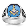 14kw Men's Textured w/ Black Enamel & Imit. Blue Spinel Masonic Ring