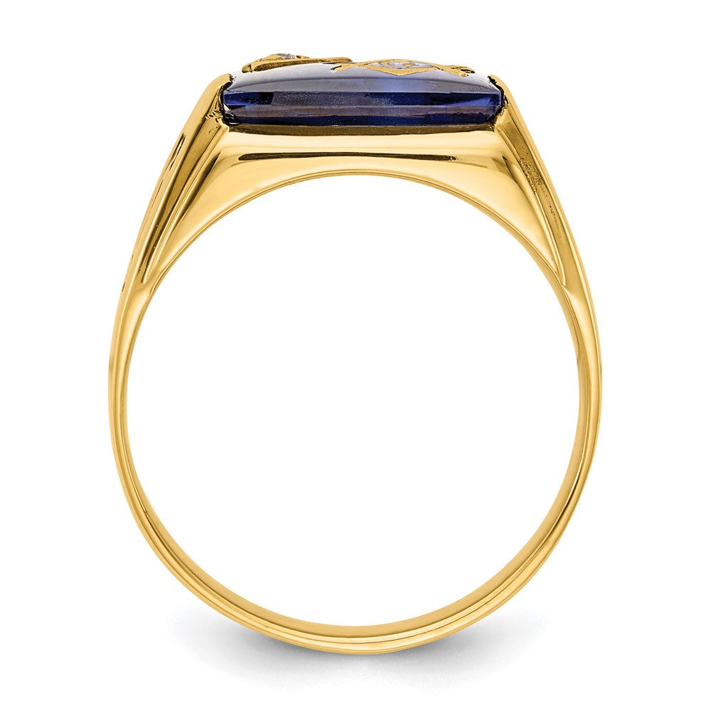 14k Men's Textured w/ Black Enamel Imit. Blue Spinel Dia Masonic Ring