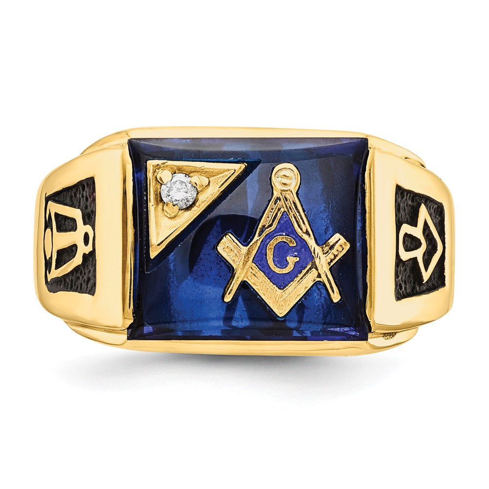 14k Men's Textured w/ Black Enamel Imit. Blue Spinel Dia Masonic Ring