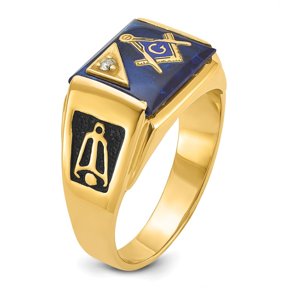 14k Men's Textured w/ Black Enamel Imit. Blue Spinel Dia Masonic Ring
