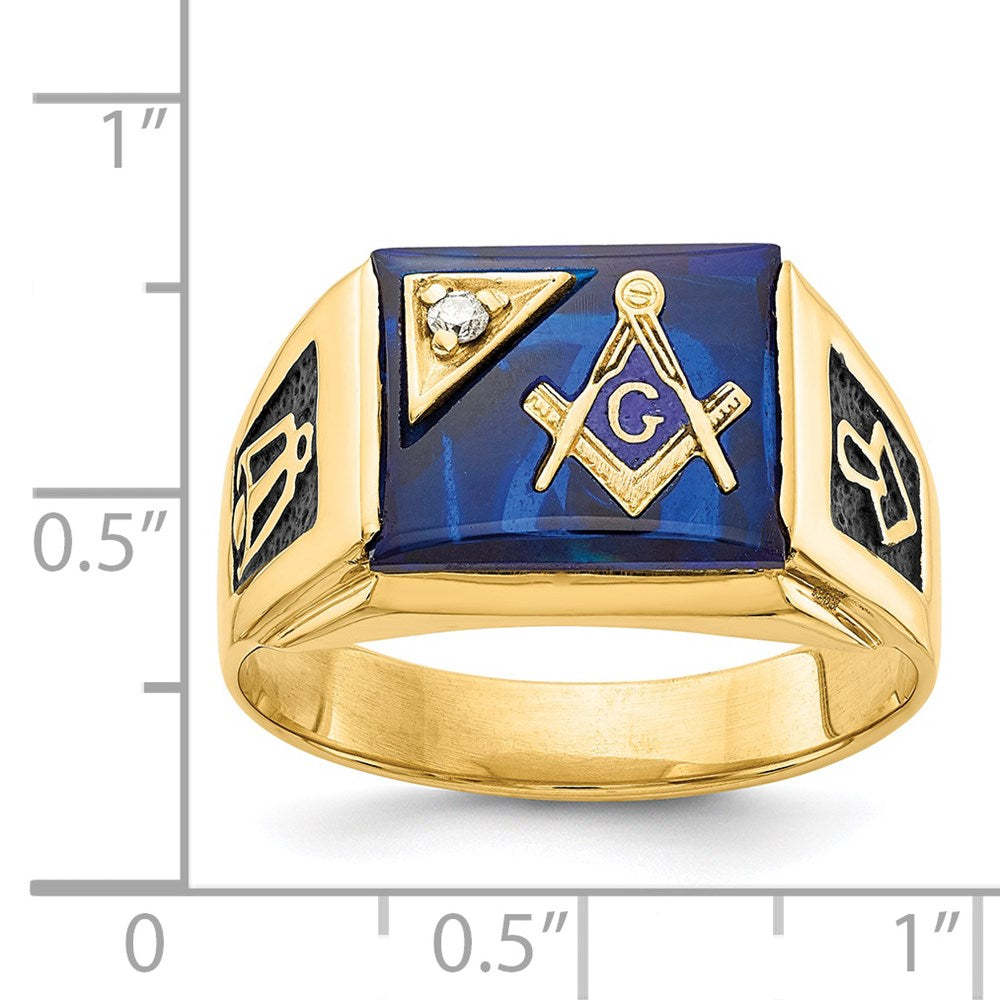 14k Men's Textured w/ Black Enamel Imit. Blue Spinel Dia Masonic Ring