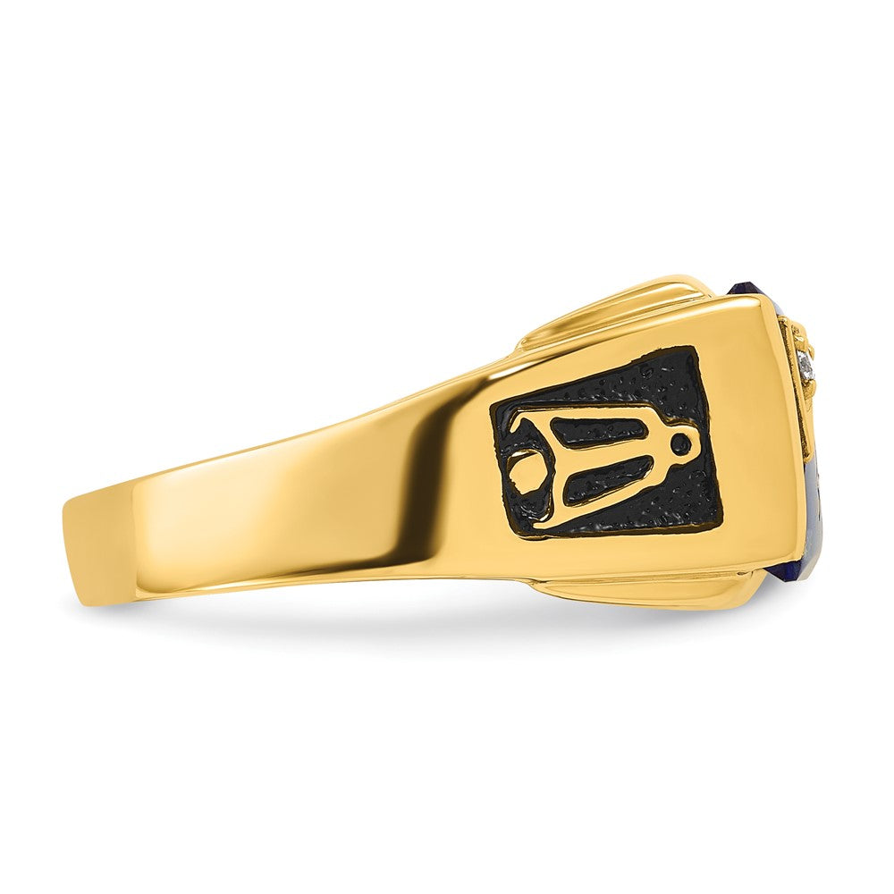 14k Men's Textured w/ Black Enamel Imit. Blue Spinel Dia Masonic Ring
