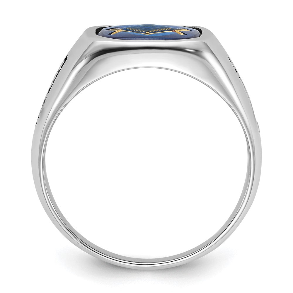 14kw Men's Grooved w/ Black Enamel & Imit. Blue Spinel Masonic Ring
