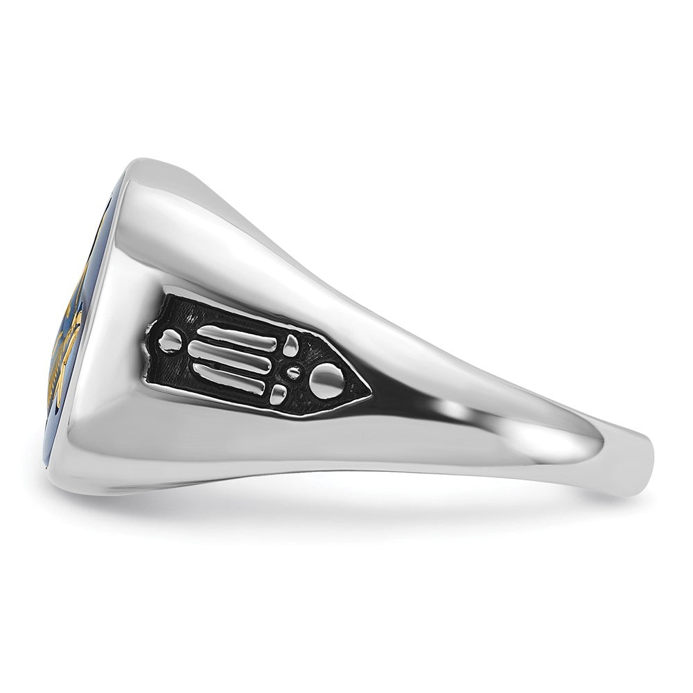 14kw Men's Grooved w/ Black Enamel & Imit. Blue Spinel Masonic Ring