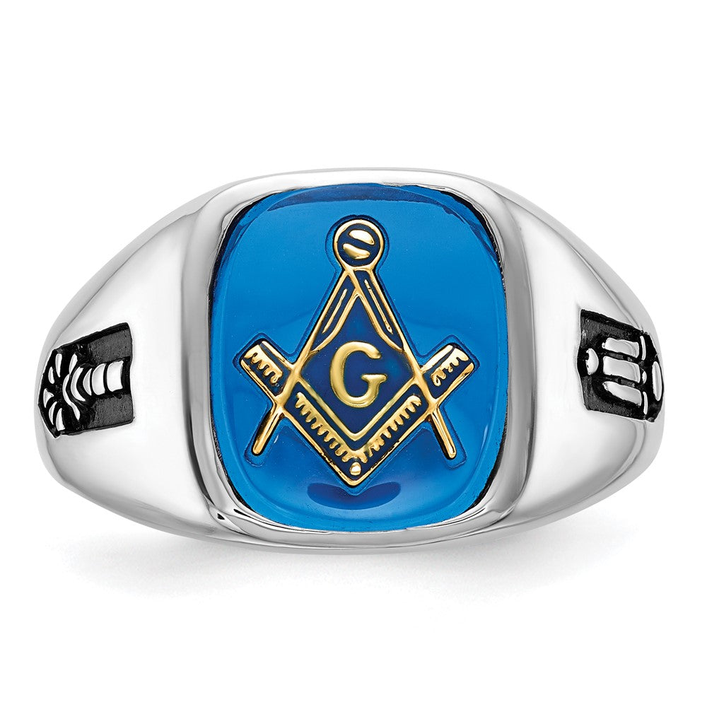 14kw Men's Grooved w/ Black Enamel & Imit. Blue Spinel Masonic Ring