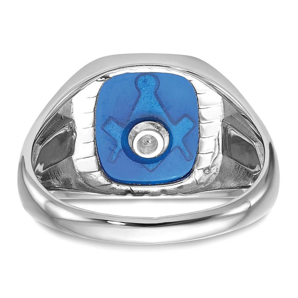 14kw Men's Grooved w/ Black Enamel & Imit. Blue Spinel Masonic Ring