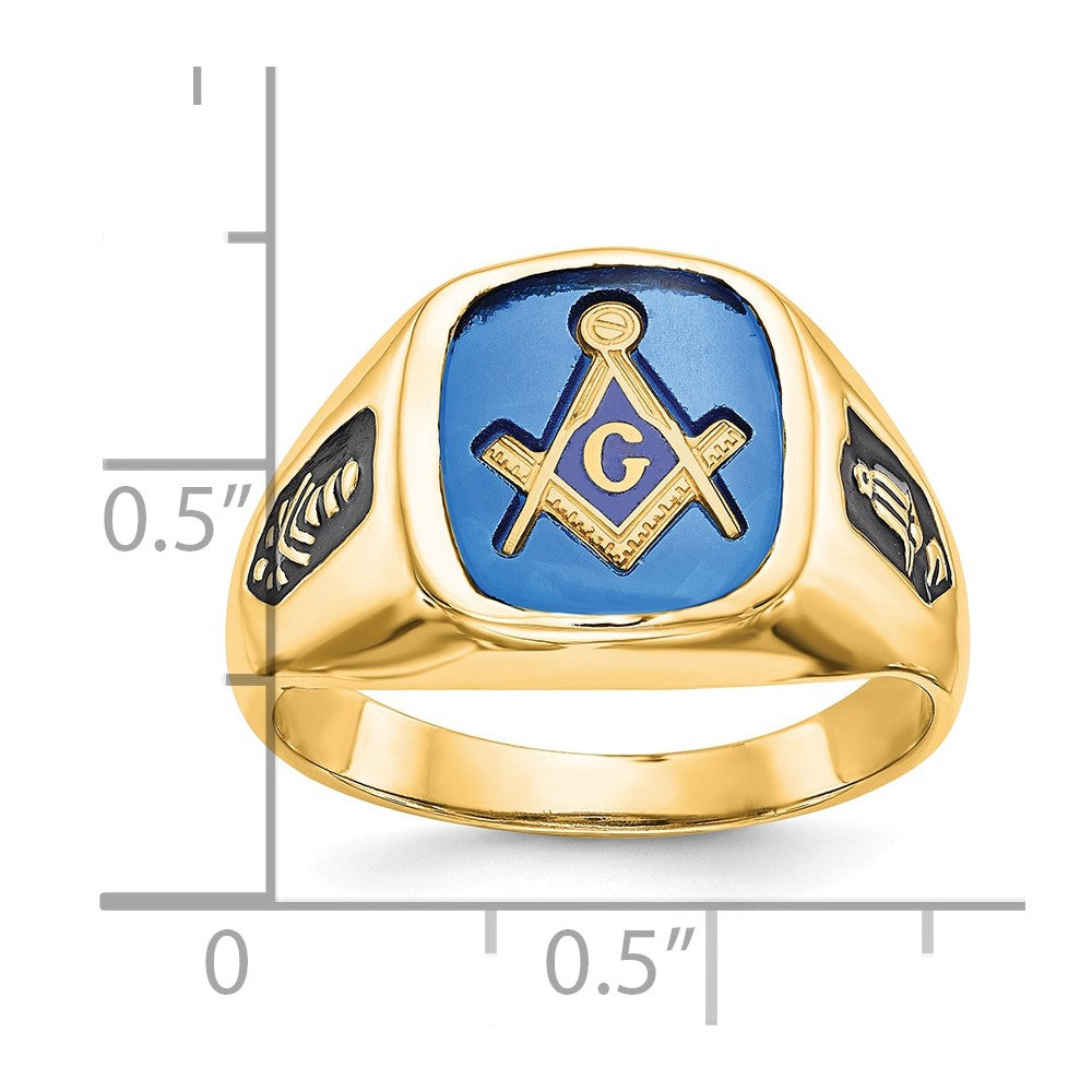 14kw Men's Grooved w/ Black Enamel & Imit. Blue Spinel Masonic Ring