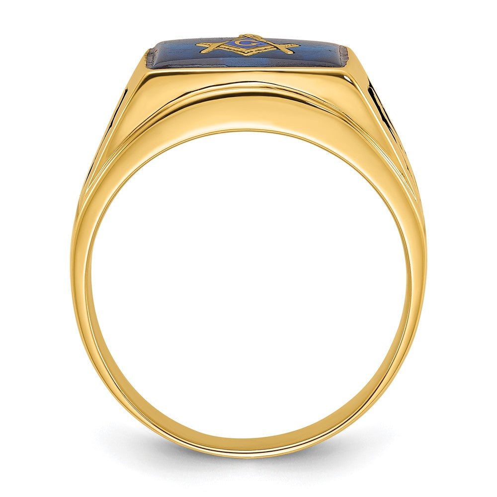 14k Men's Textured w/ Black Enamel & Imit. Blue Spinel Masonic Ring