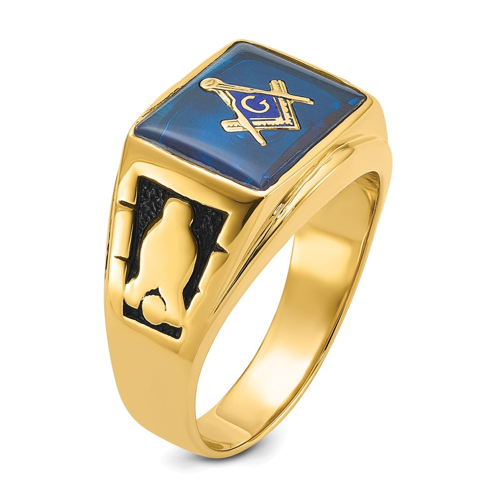 14k Men's Textured w/ Black Enamel & Imit. Blue Spinel Masonic Ring