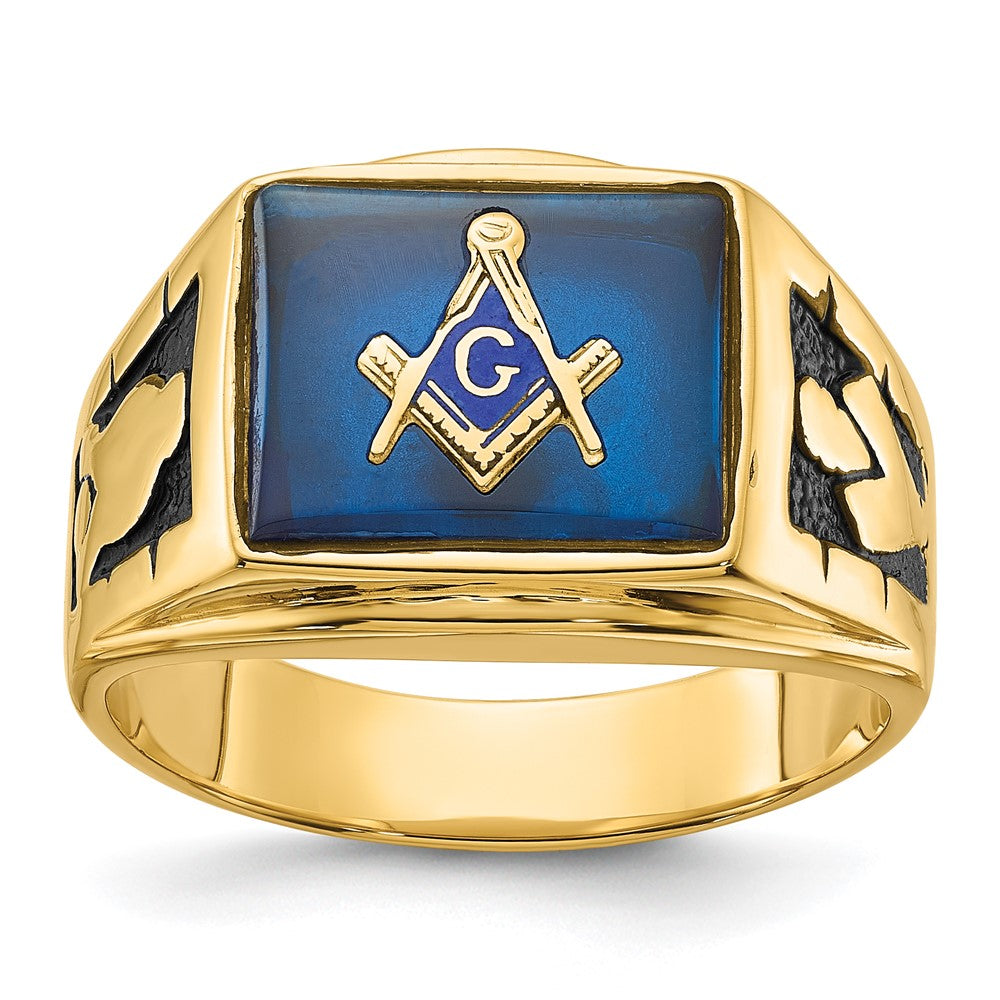 14k Men's Textured w/ Black Enamel & Imit. Blue Spinel Masonic Ring
