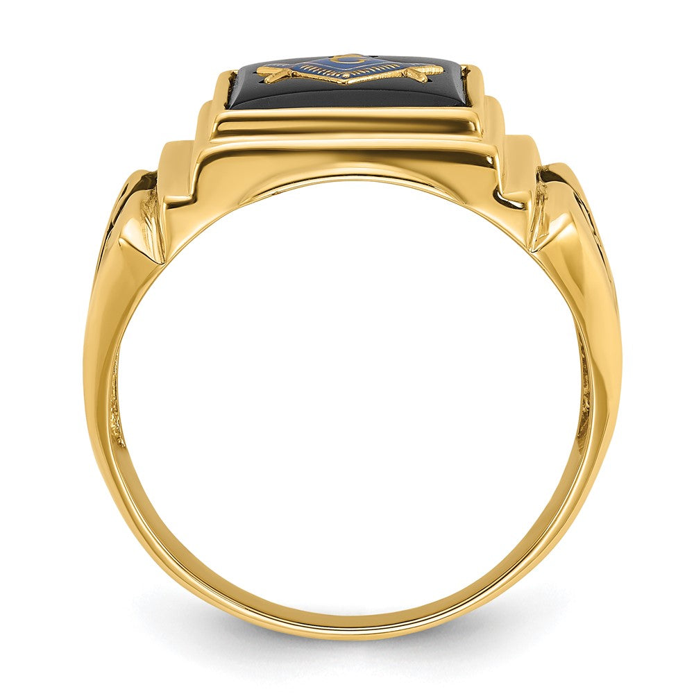 14k Men's Polished and Textured with Black Enamel and Onyx Masonic Ring