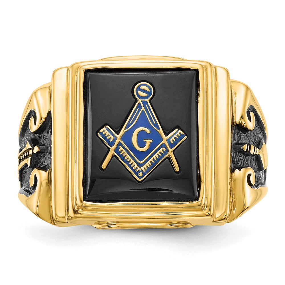14k Men's Polished and Textured with Black Enamel and Onyx Masonic Ring