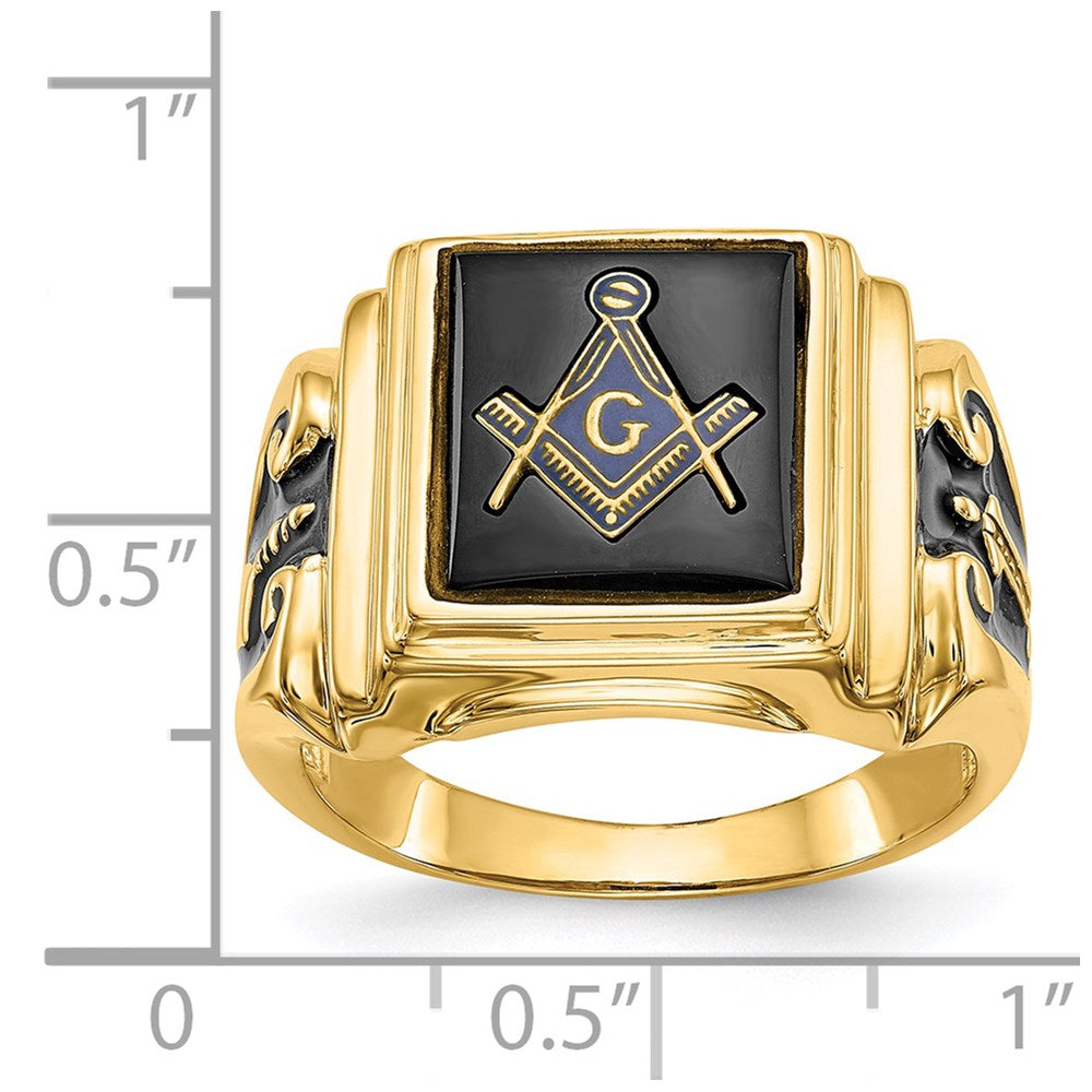 14k Men's Polished and Textured with Black Enamel and Onyx Masonic Ring