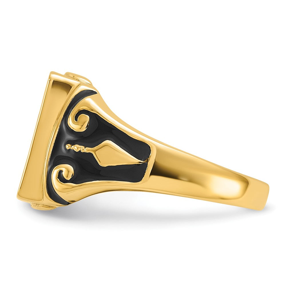 14k Men's Polished and Textured with Black Enamel Masonic Ring