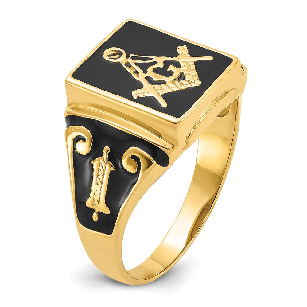 14k Men's Polished and Textured with Black Enamel Masonic Ring