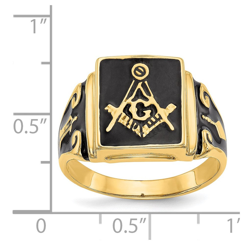 14k Men's Polished and Textured with Black Enamel Masonic Ring