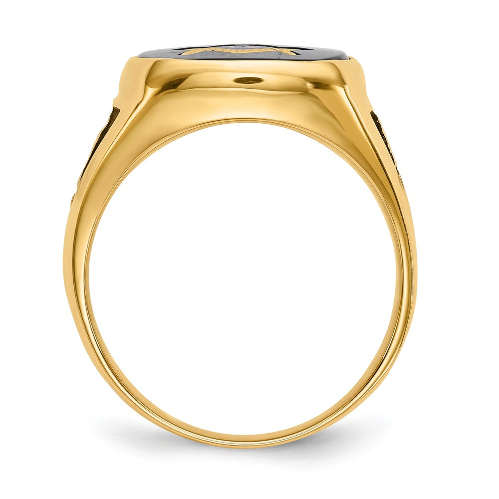 14k Men's Polished & Textured w/ Black Enamel & Onyx Masonic Ring