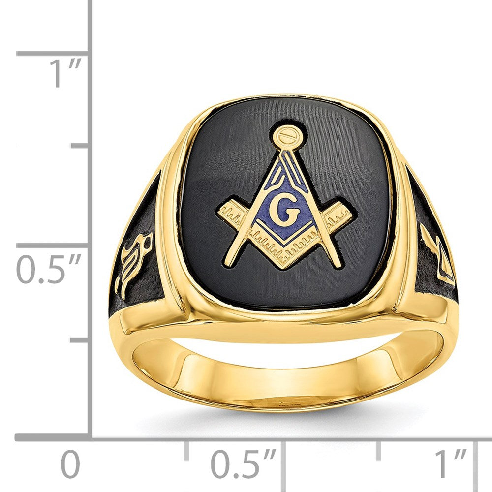 14k Men's Polished & Textured w/ Black Enamel & Onyx Masonic Ring