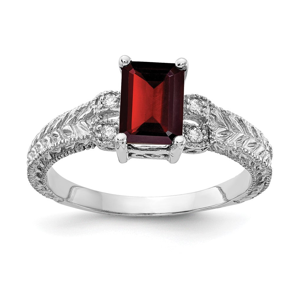 14k White Gold 7x5mm Emerald Cut Garnet A Diamond ring