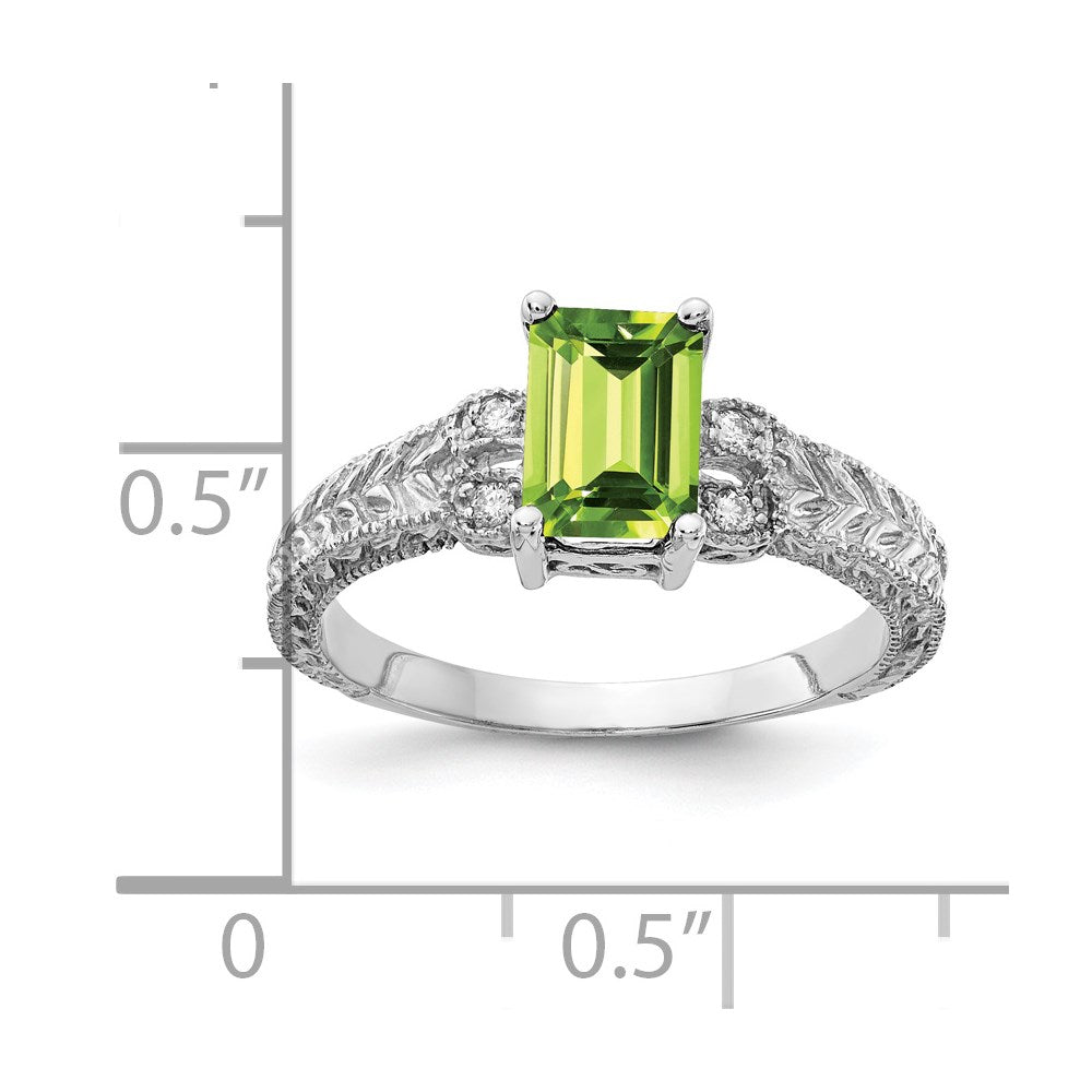 14k White Gold 7x5mm Emerald Cut Peridot AA Diamond ring