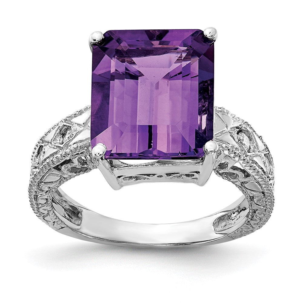14k White Gold 12x10mm Emerald Cut Amethyst A Diamond ring