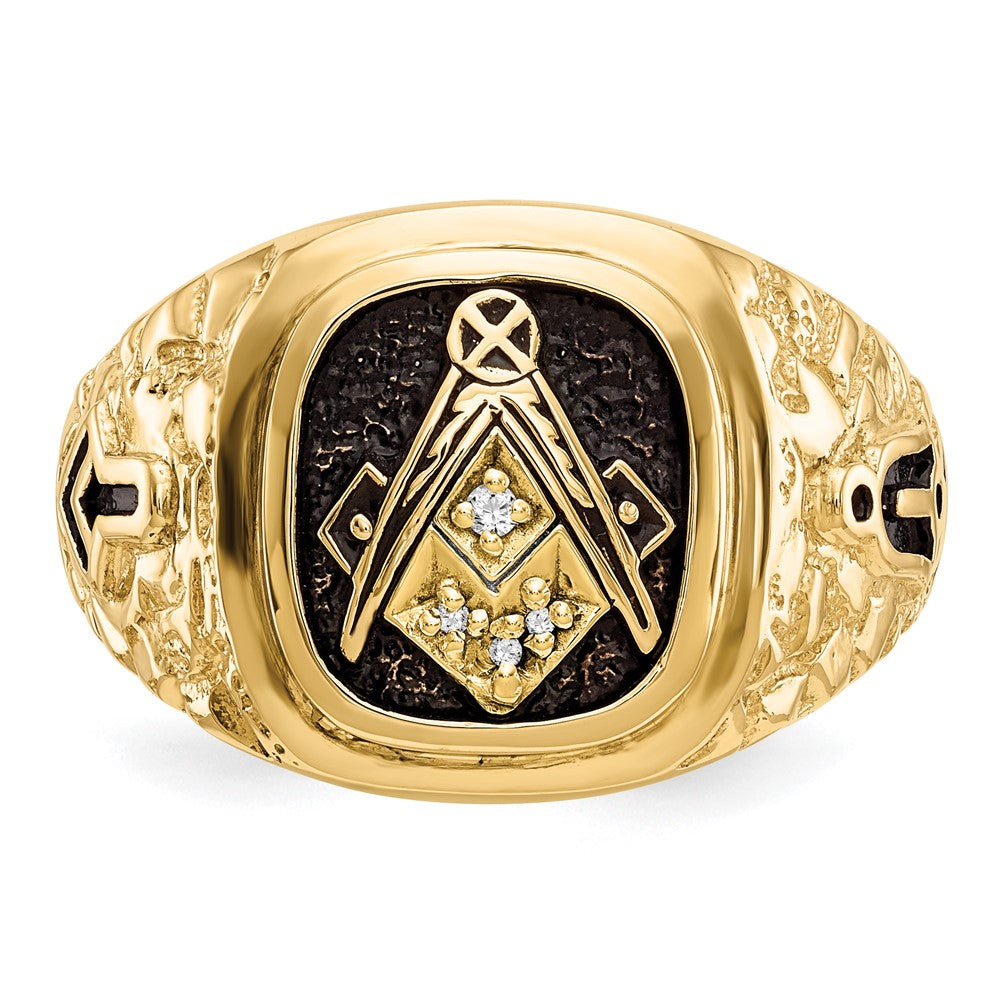 14k Polished, Antiqued and Nugget Texture Diamond Masonic Ring