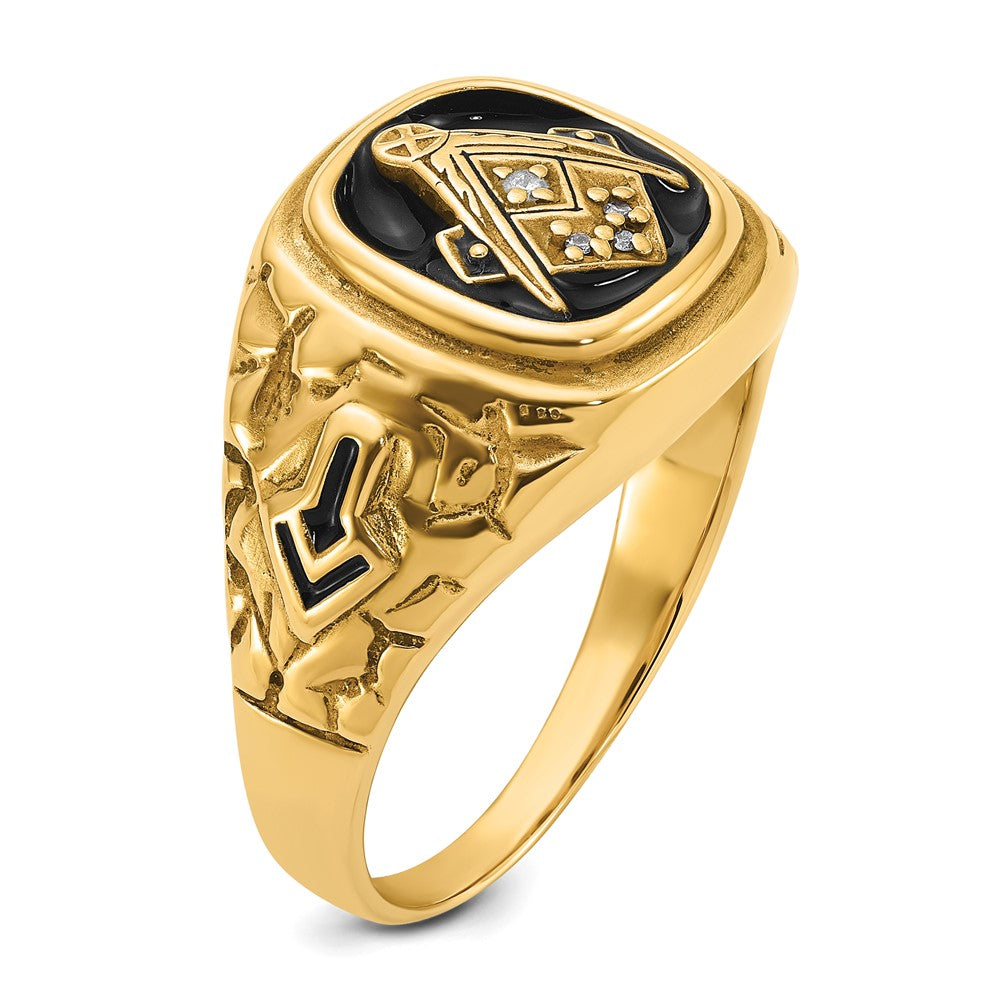 14k Polished, Antiqued and Nugget Texture Diamond Masonic Ring