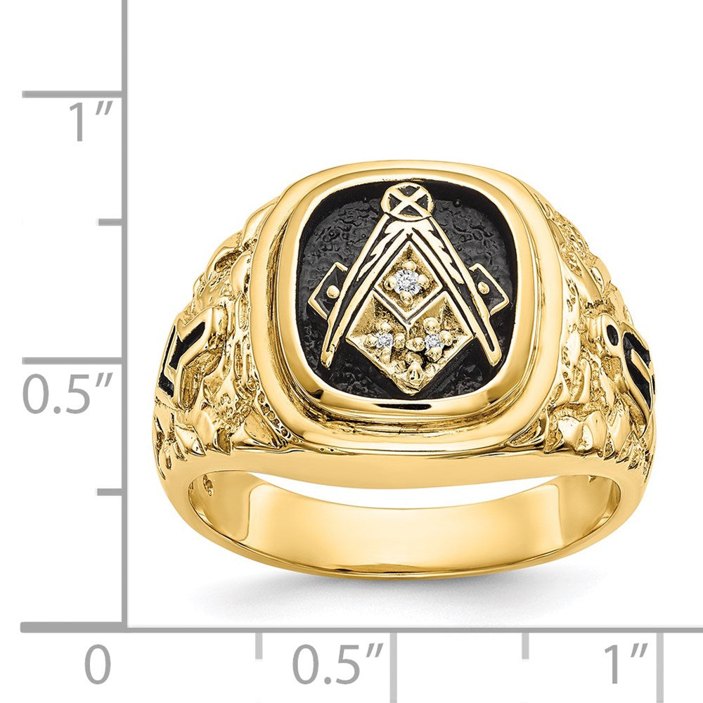 14k Polished, Antiqued and Nugget Texture Diamond Masonic Ring