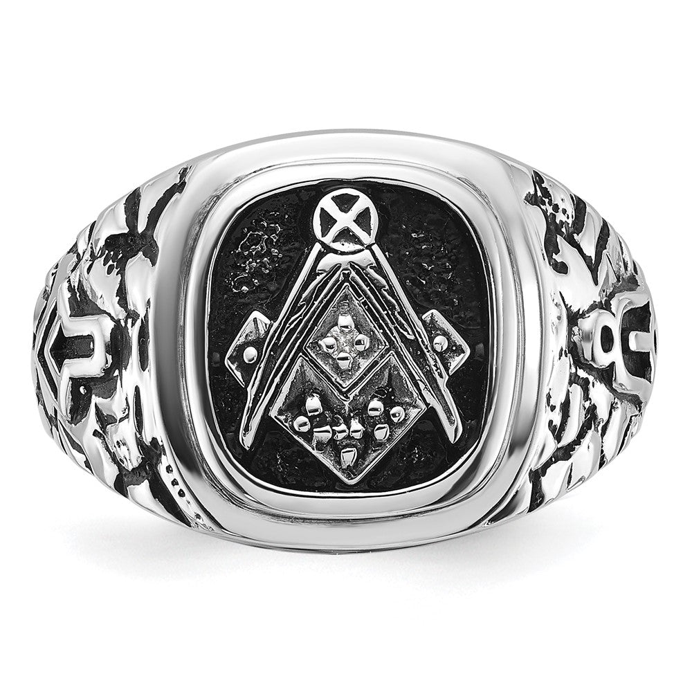 14kw Men's Antiqued Textured w/ Black Enamel & Diamond Masonic Ring