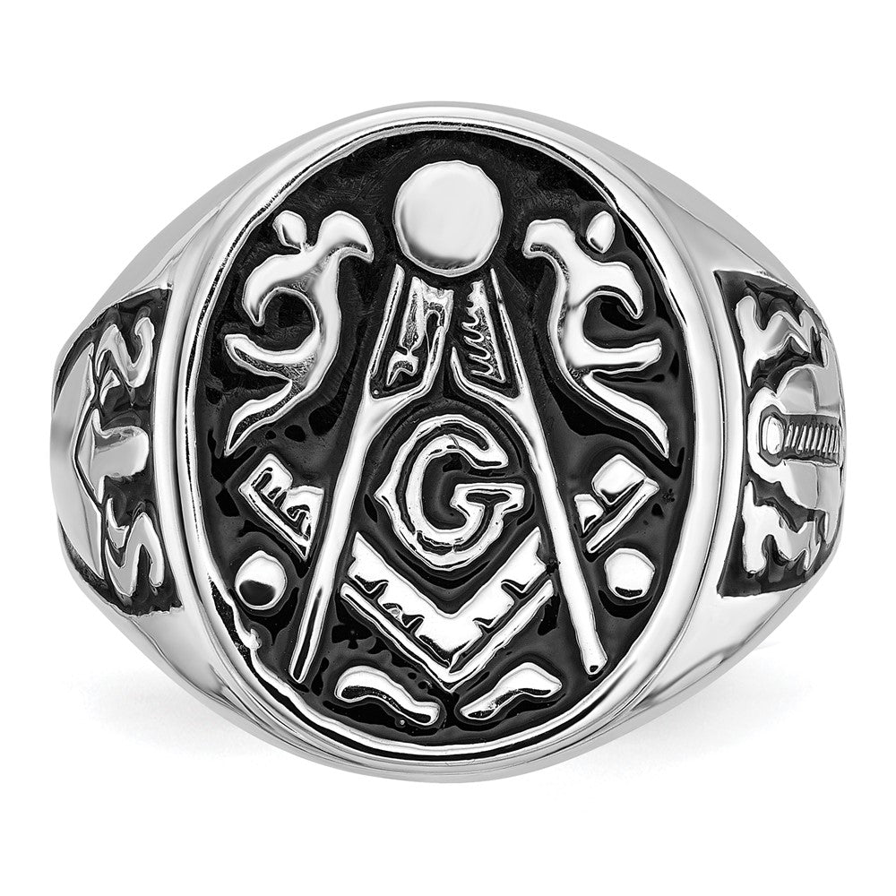 14k White Gold Men's Polished and Grooved with Black Enamel Masonic Ring