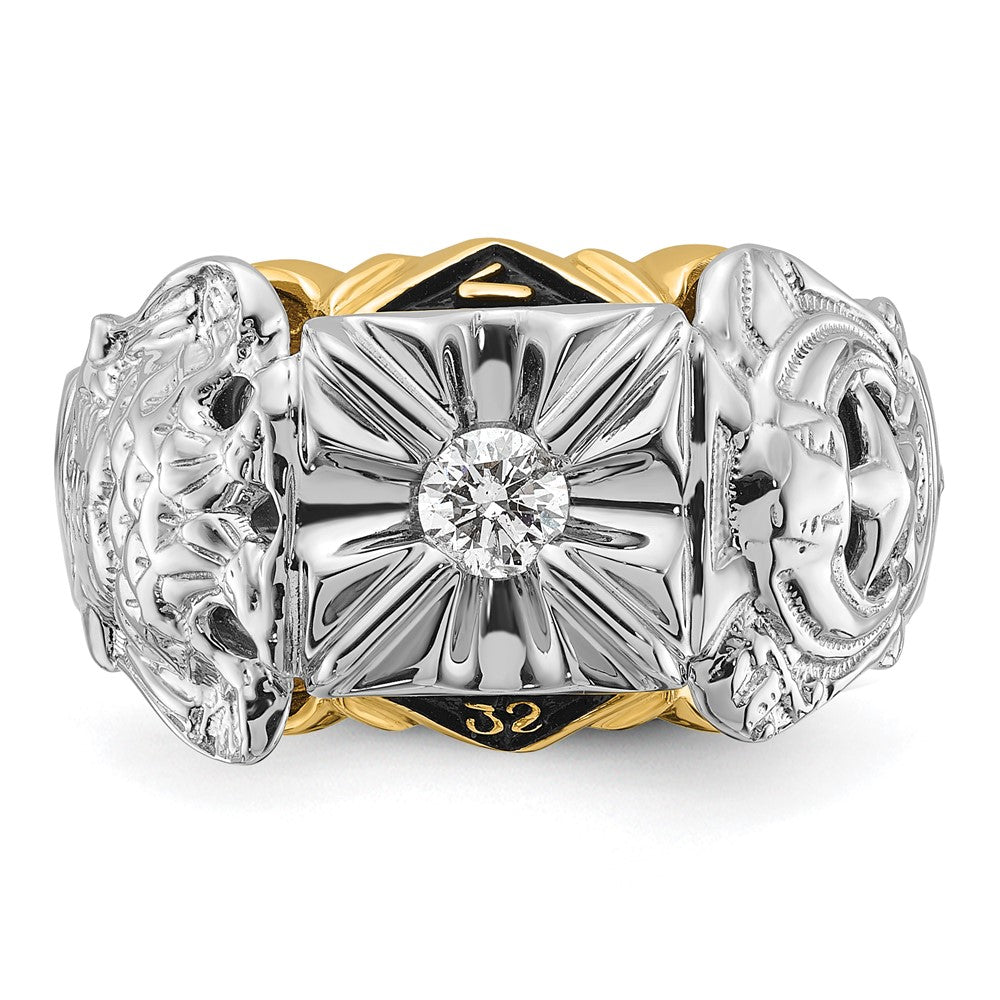 14tt Men's Textured w/ Black Enamel & Diamond Masonic Ring