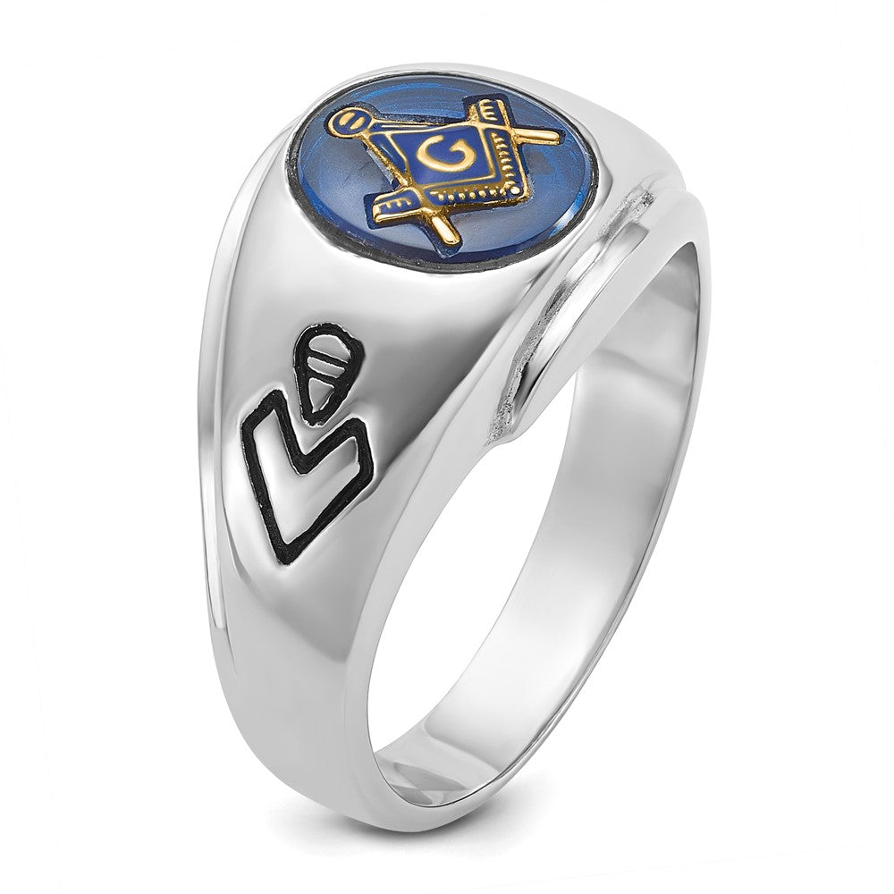 14kw Men's Polished & Antiqued w/ Imit. Blue Spinel Masonic Ring
