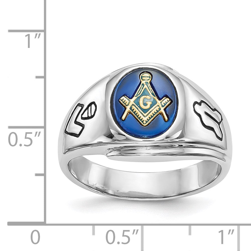 14kw Men's Polished & Antiqued w/ Imit. Blue Spinel Masonic Ring