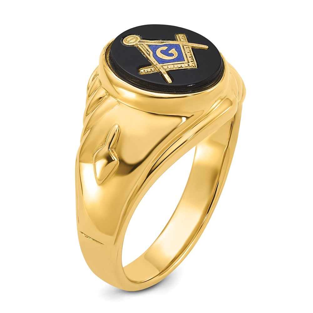 14k Men's Polished and Textured with Oval Onyx Masonic Ring