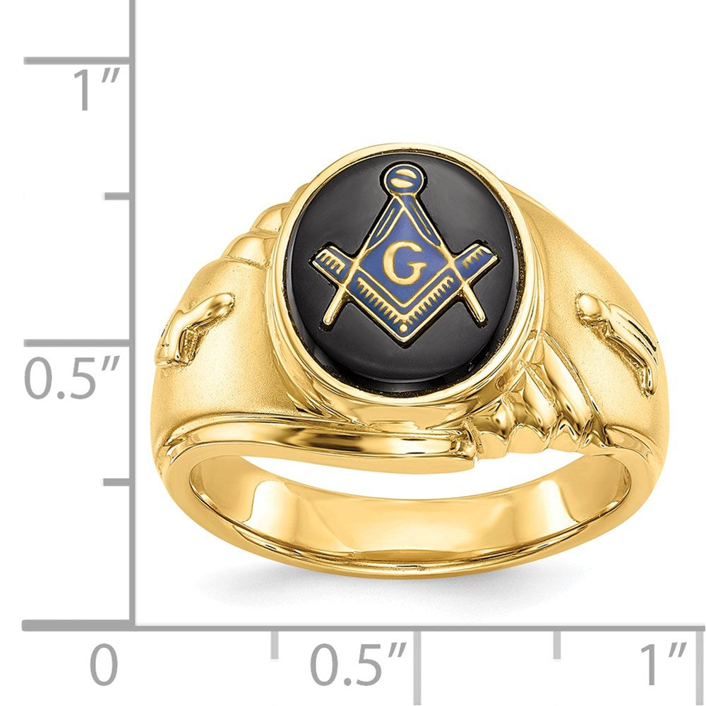 14k Men's Polished and Textured with Oval Onyx Masonic Ring