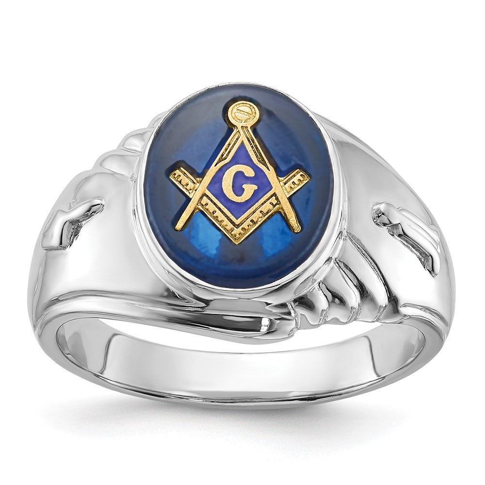 14kw Men's Polished & Textured w/ Imit. Blue Spinel Masonic Ring