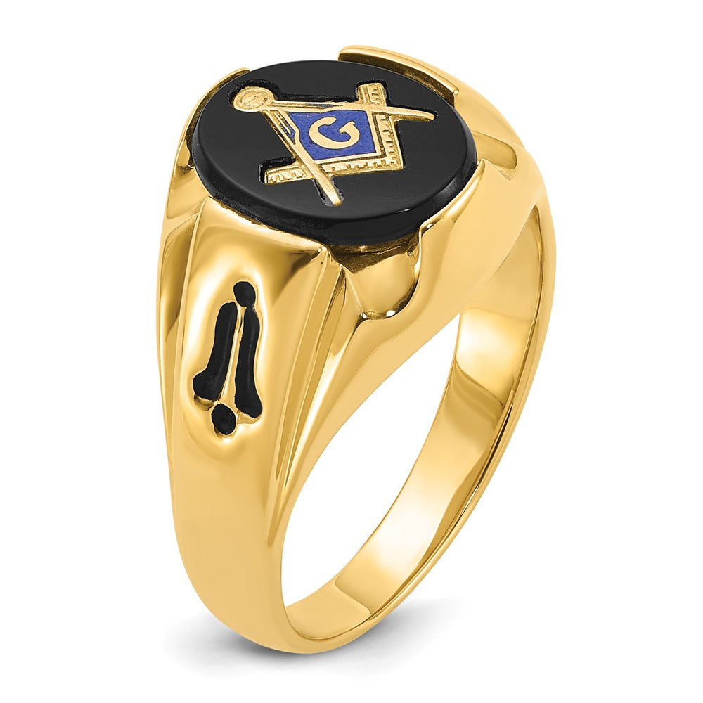 14k Men's Polished, Antiqued and Grooved with Oval Onyx Masonic Ring