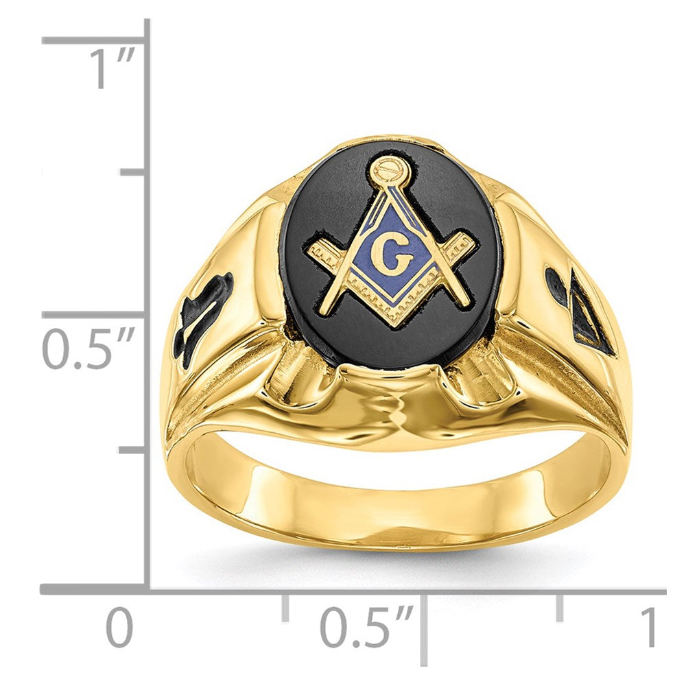 14k Men's Polished, Antiqued and Grooved with Oval Onyx Masonic Ring