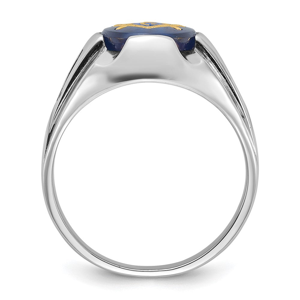 14kw Men's Polished, Antiqued & Grooved w/ Imit. Blue Spinel Masonic Ring
